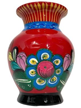 Vintage 1990s Talavera Floral Pottery Vase Mexican Folk Art Ceramic Collectible